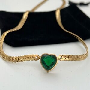 18K Gold Plated Emerald Green Heart Necklace Stainless Steel womens jewelry